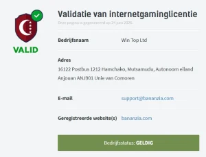 Bananzia Casino internet gaming licentie validatie pagina met bedrijfsgegevens Win Top Ltd en geldige status