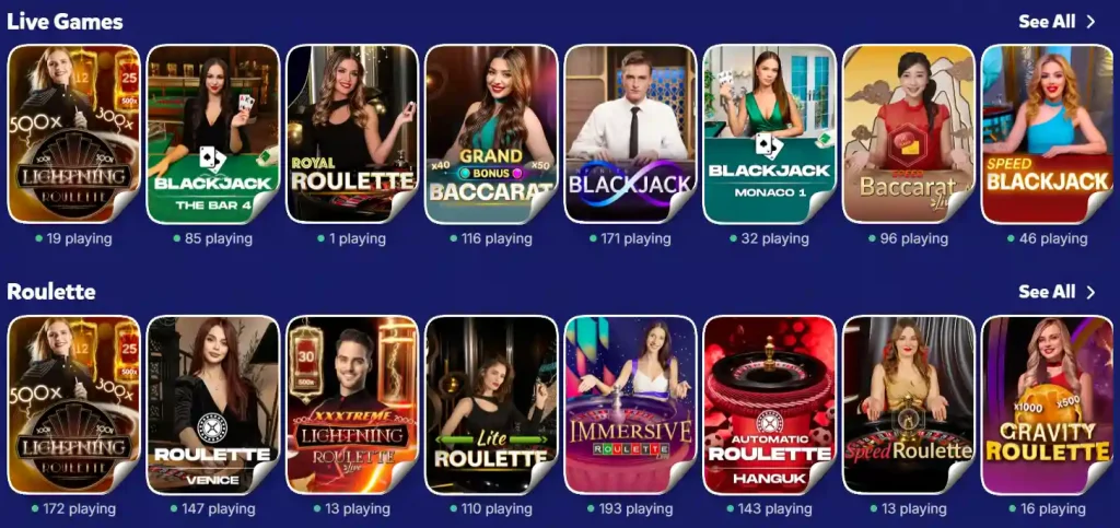 Bananzia Casino live games lobby met blackjack, roulette en baccarat tafels met spelersaantallen en game selectie