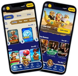 Bananzia Casino mobiele interface met lobby, slots, live casino en sportweddenschappen op smartphone schermen