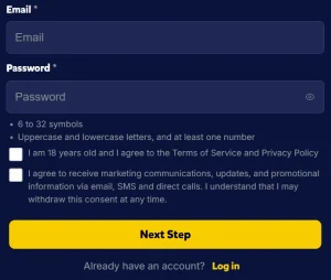 Bananzia Casino registratieformulier met e-mail en wachtwoord velden, 18+ bevestiging en marketing toestemming