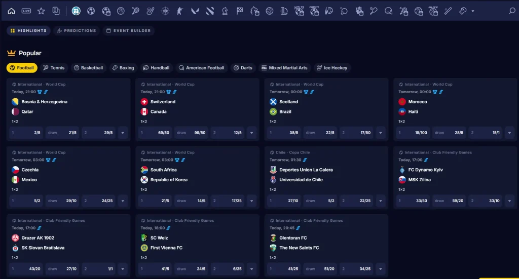 Bananzia Casino sportweddenschappen dashboard met voetbalwedstrijden, odds en live markten in overzicht