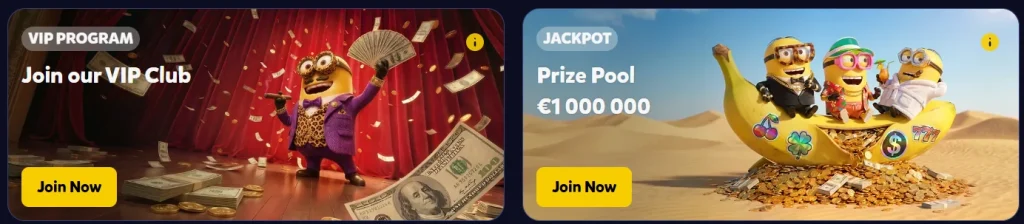 Bananzia Casino VIP programma en jackpot banners met VIP Club en €1.000.000 prijzenpot